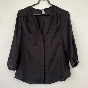 H&M | Two Pockets Collarless 3/4 Sleeves Concealed Buttons Black Blouse Size 4